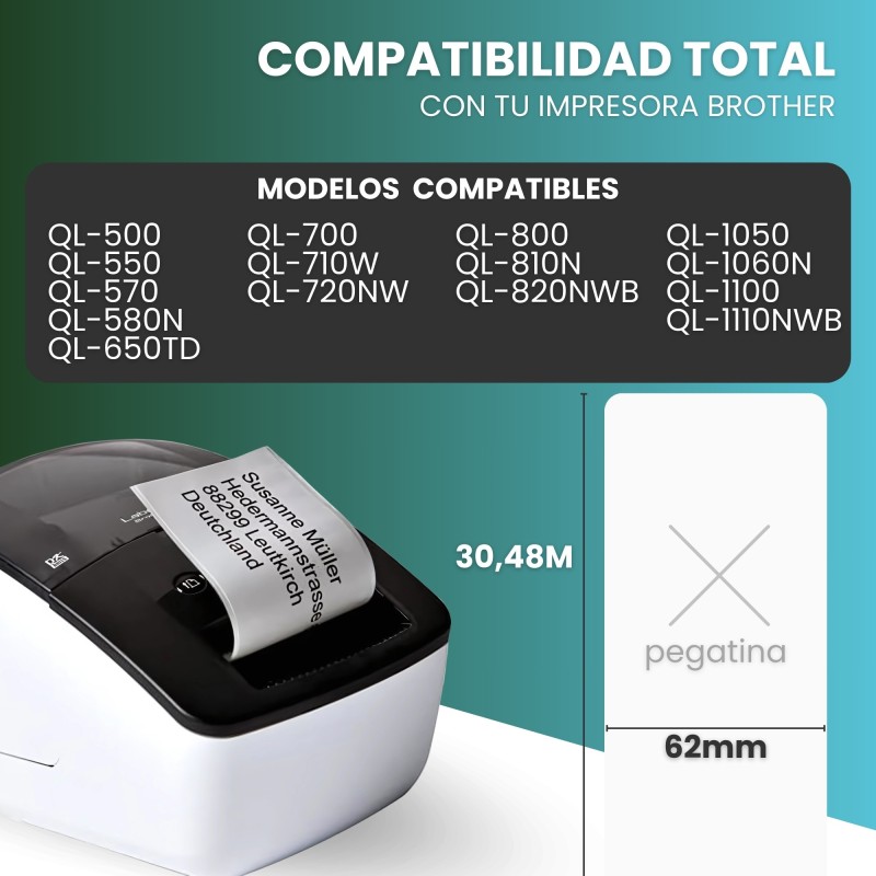 DK-22205 Etiqueta continua compatible Brother  62mm x 30,48 metros cada rollo.