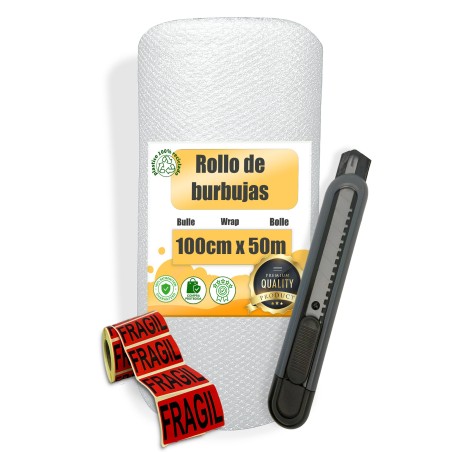 BOBINA BURBUJA 100CM X 50 METROS + CUTER + PEGATINAS DE "FRAGIL"- MARCPRINT