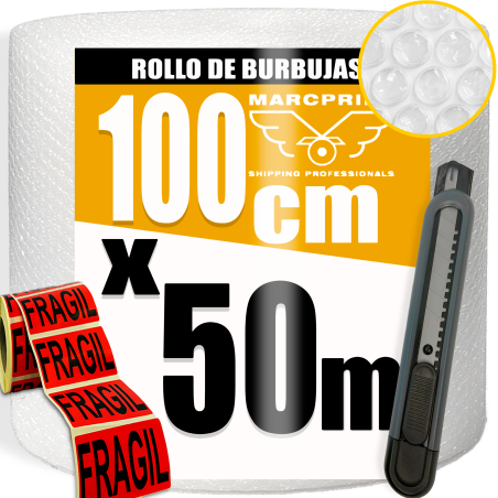 BOBINA BURBUJA 100CM X 50 METROS + CUTER + PEGATINAS DE "FRAGIL"- MARCPRINT